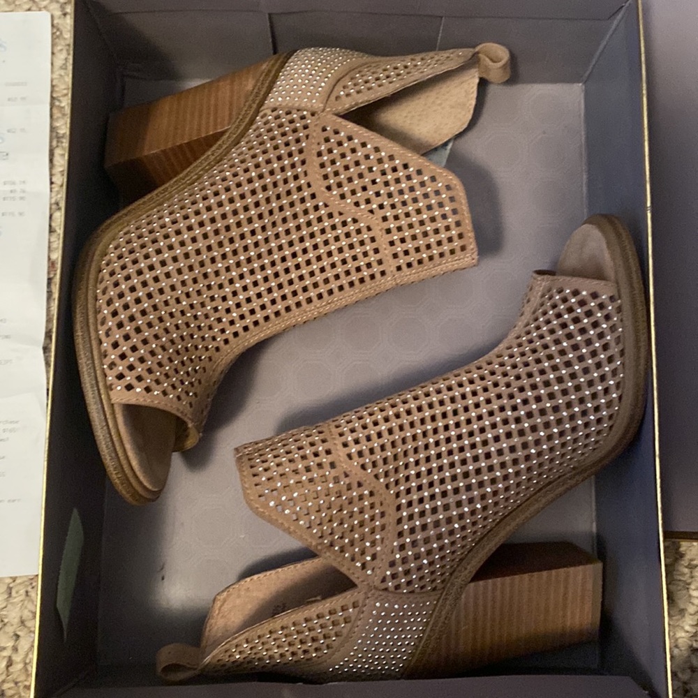 Vince Camuto Taupe Perforated Peep-Toe Ankle Booties